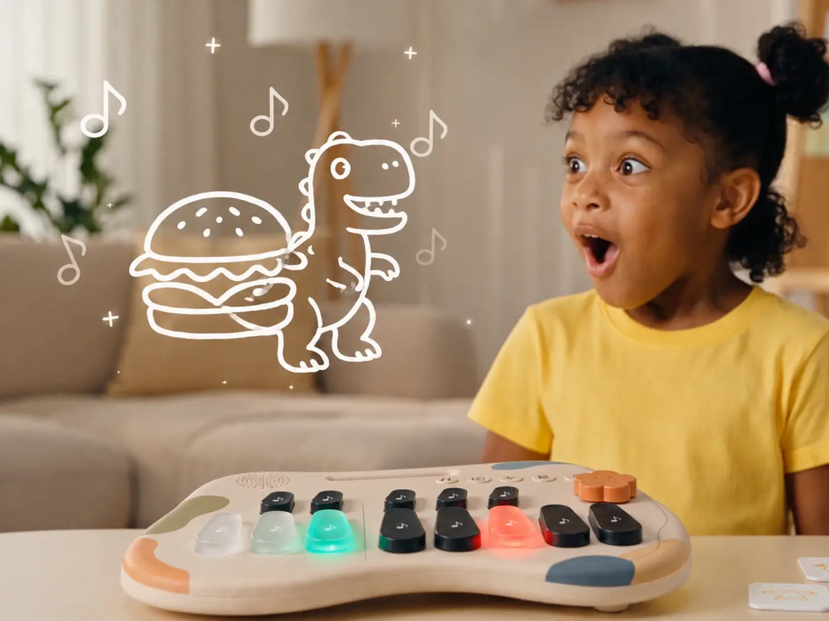 Child pressing a lit key on MuseKey, turning a sound into a song